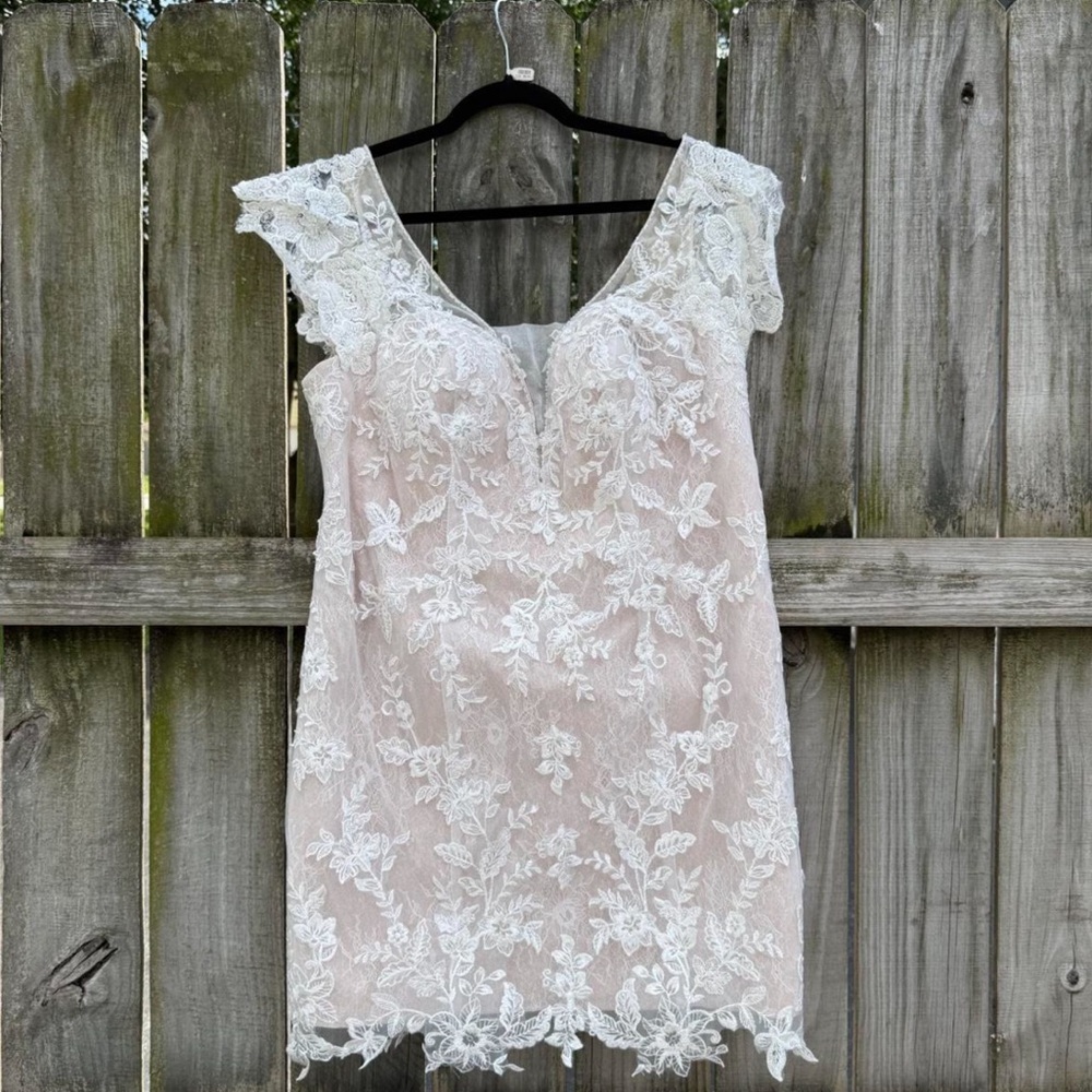 Azazie Blush Lace Cap-Sleeve Sheath Wedding Dress